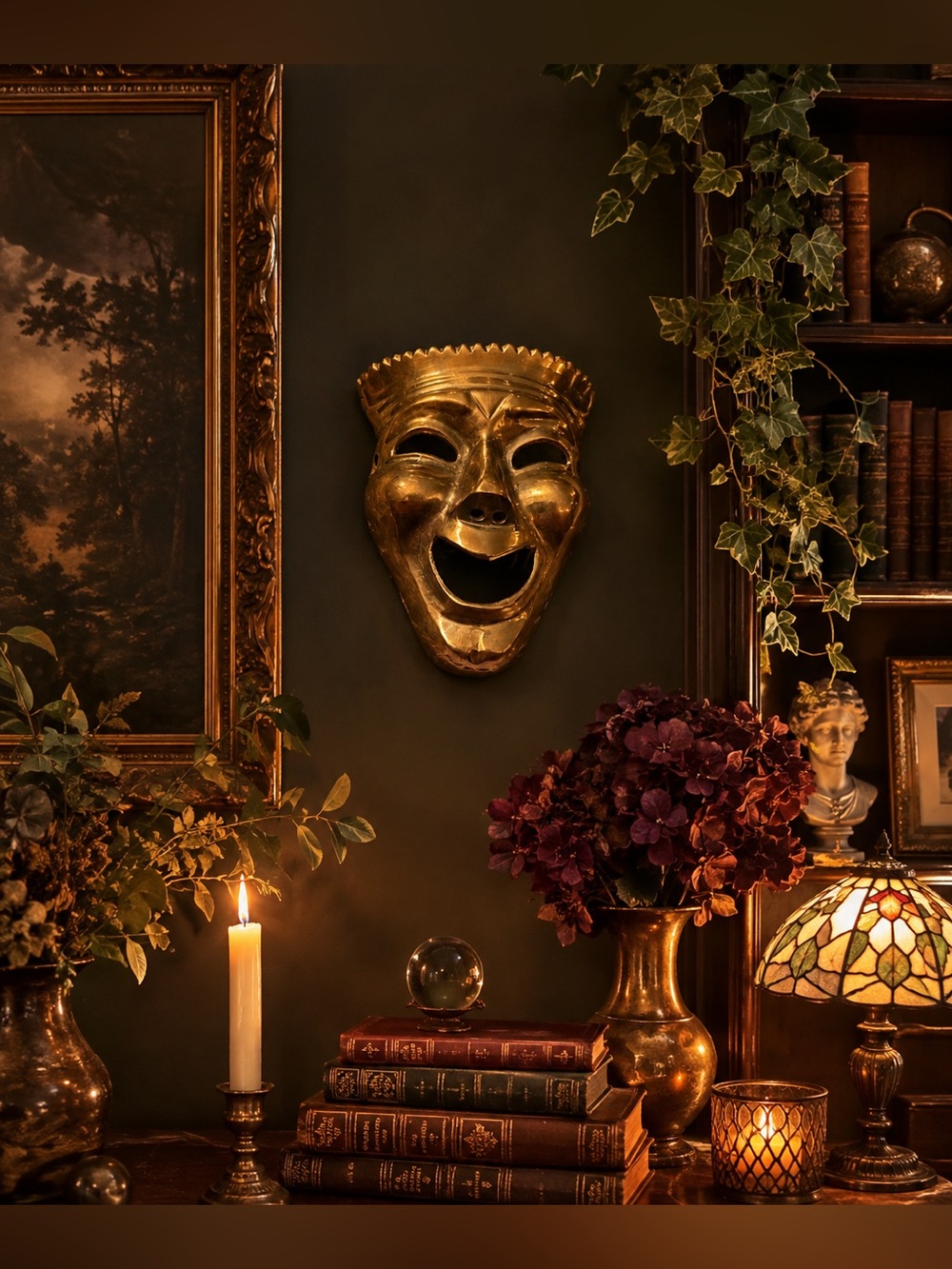 Antique-Style Brass Mask Sculpture Botanical Wall Art 4 Vines, Florals & Altars